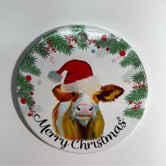 Farmhouse Set of 2 Christmas Ornaments Cows Santa Farm Rustic Holiday Decor New - Picture 3 of 3